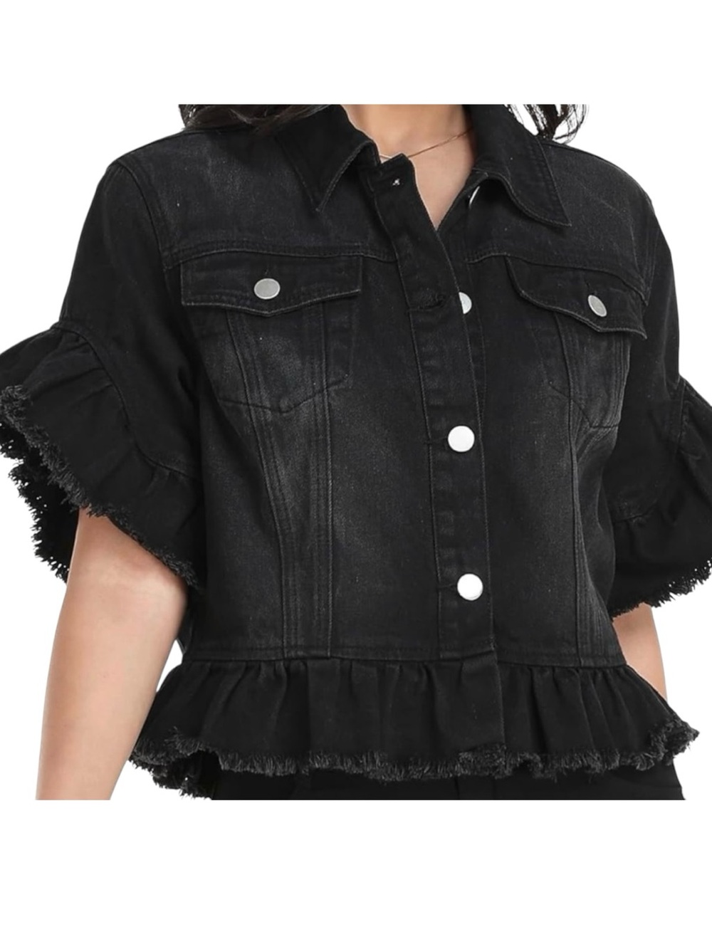 Women's Denim Jacket Ruffle Sleeve Button Down Distressed Cropped Jean Jackets - Picture 2 of 7